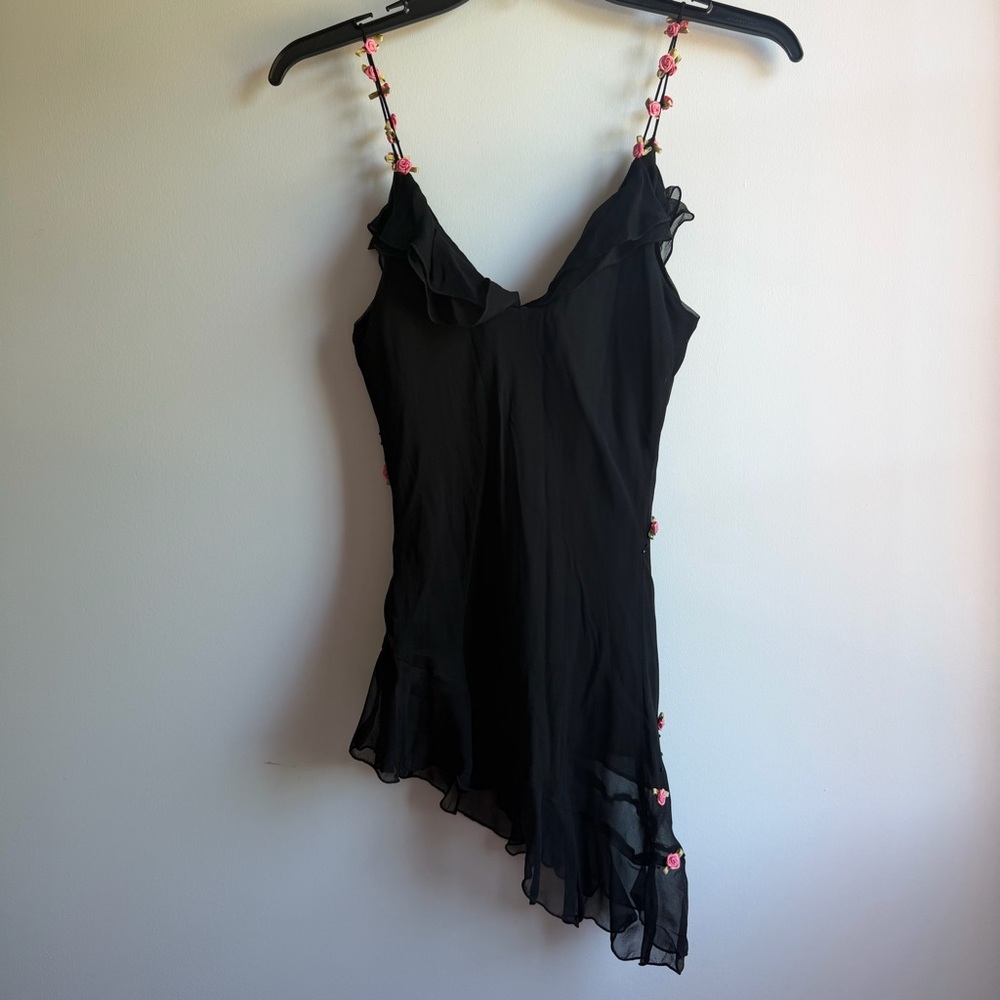 vintage y2k 100% silk beaded top asymmetrical hem rose straps - Picture 2 of 7